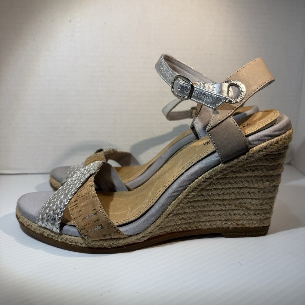 Sperry Top-Sider Saylor Espadrille Wedge Sandals Tan Silver Women's Size 10 M